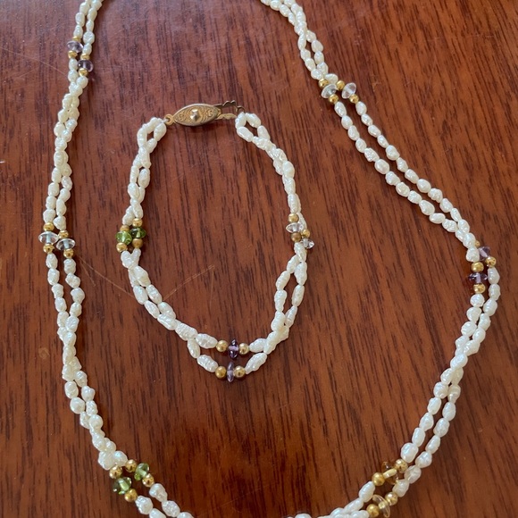 Freshwater Rice Pearl & Semiprecious Beaded Necklace & Bracelet Set - Picture 2 of 8